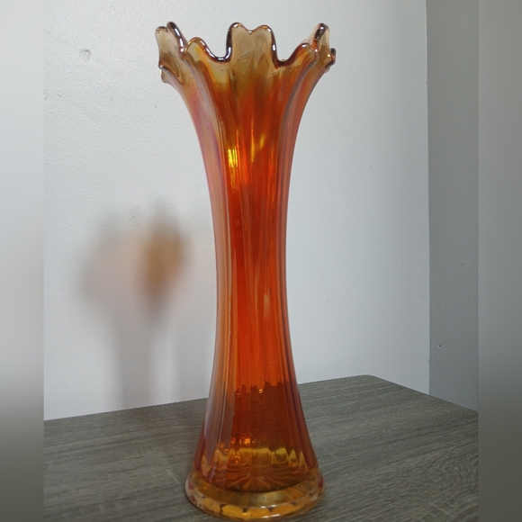 Antique Imperial Carnival Glass Iridescent Marigold Ruffled Edge Vase 11.25" - Picture 2 of 16